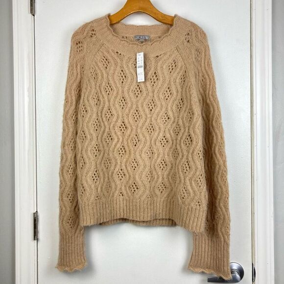 J Crew Women’s Pointelle Scallop Trim Sweater Beige Tan Crochet Eyelet Alpaca XL - Picture 2 of 8